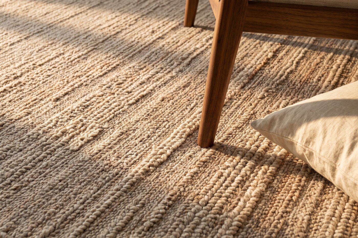 Close view of a high-low wool rug showing loop and cut pile in oatmeal and soft clay, with the leg of a walnut chair resting on it.