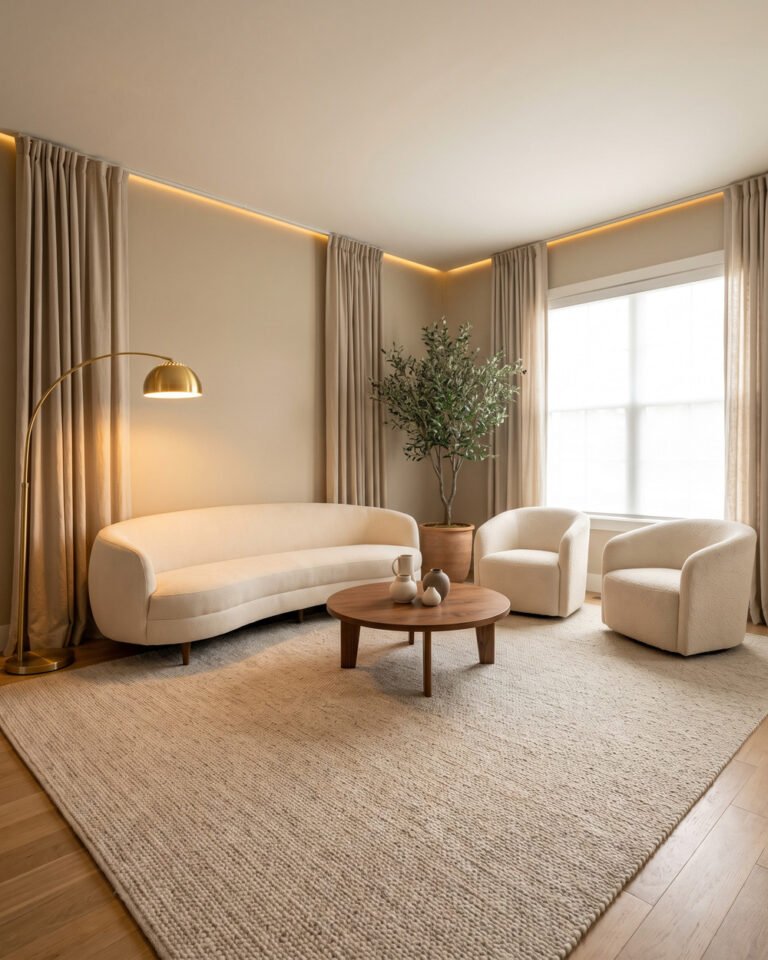 Warm living room with a large oatmeal wool rug running under a cream sofa and both armchairs, walnut coffee table, brass floor lamp and linen curtains to the ceiling.