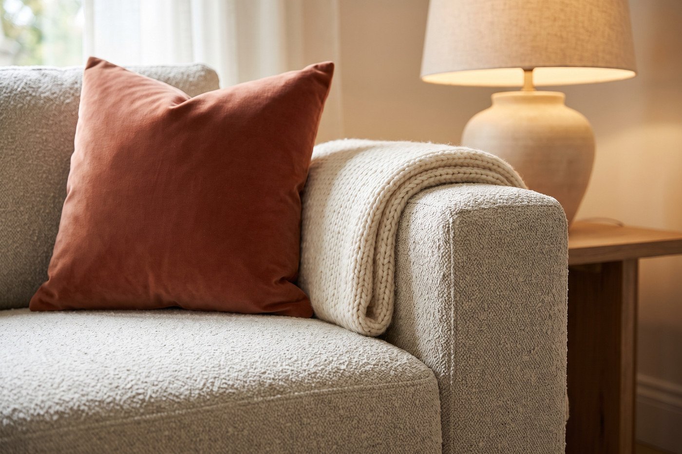 Close view of a wide track arm on an oatmeal bouclé sofa with a velvet cushion in clay and a chunky knit throw folded over the arm.