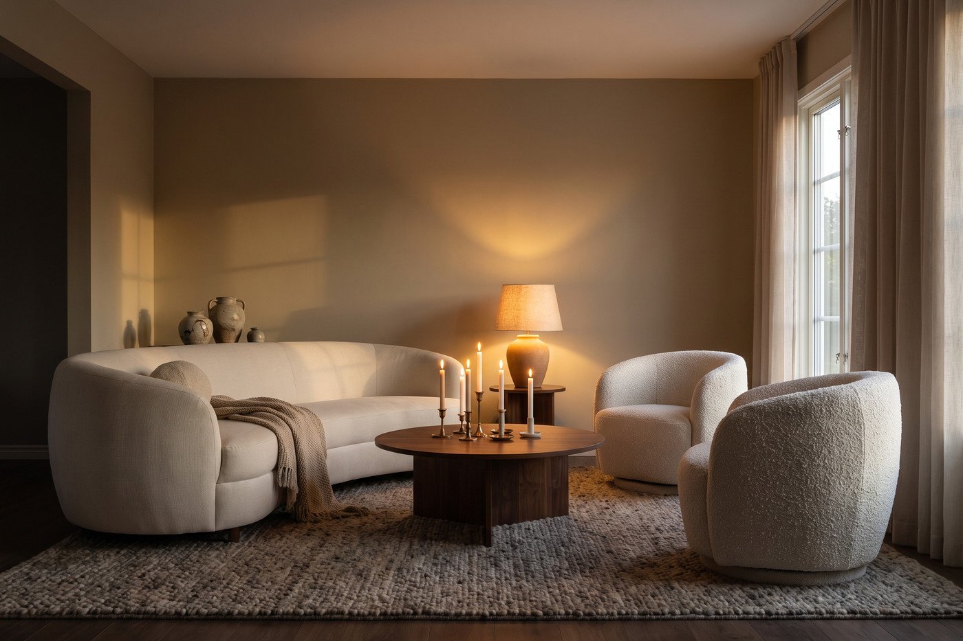 A softly lit living room styled by Curated Manor