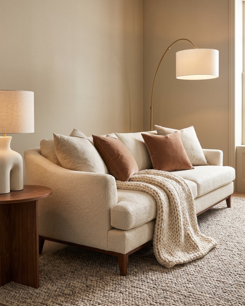 Deep cream bouclé sofa with a low curved back and wide track arms, layered with linen and velvet cushions, a knitted throw, walnut side table and a brass arc lamp.