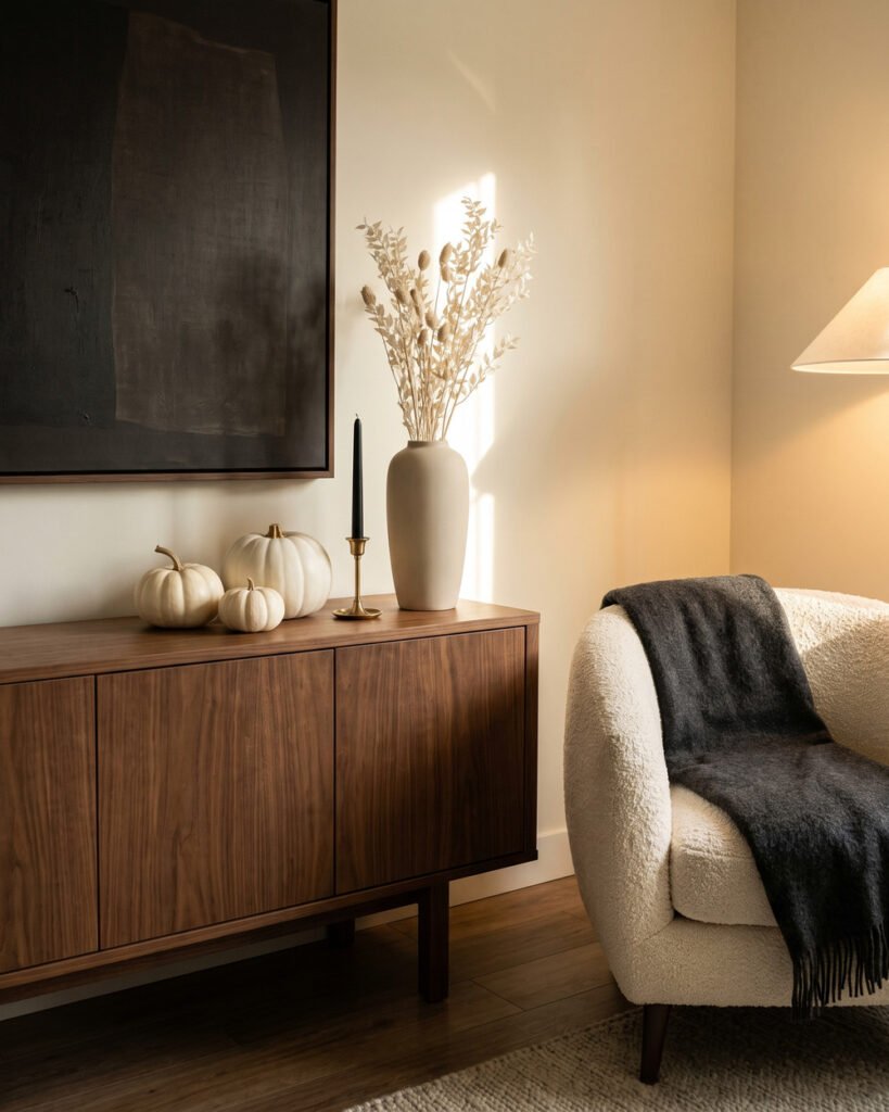 Living room styled in black and cream for Halloween with white pumpkins on a walnut console, black taper candles, a charcoal throw over a cream bouclé chair and dried white stems in a tall ceramic vase.