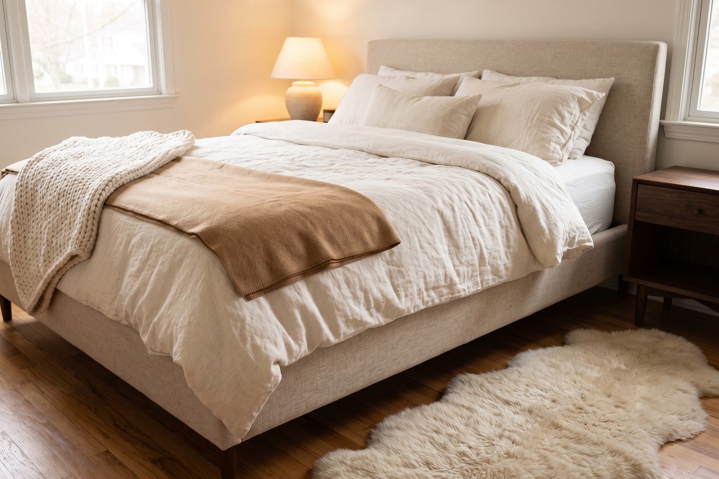 Fall bedding combination: ivory linen duvet, a camel wool blanket folded at the foot, a chunky knit throw and a faux sheepskin at the bedside.
