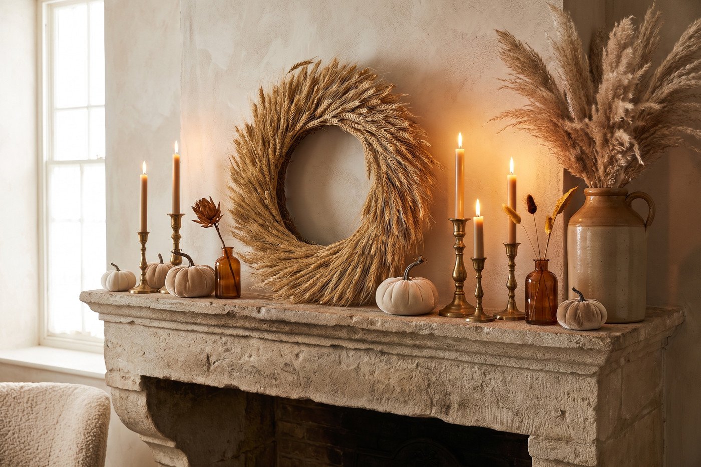 Mantel styled for fall with a dried wheat wreath, brass candlesticks, amber bud vases and small velvet pumpkins in bone and champagne.