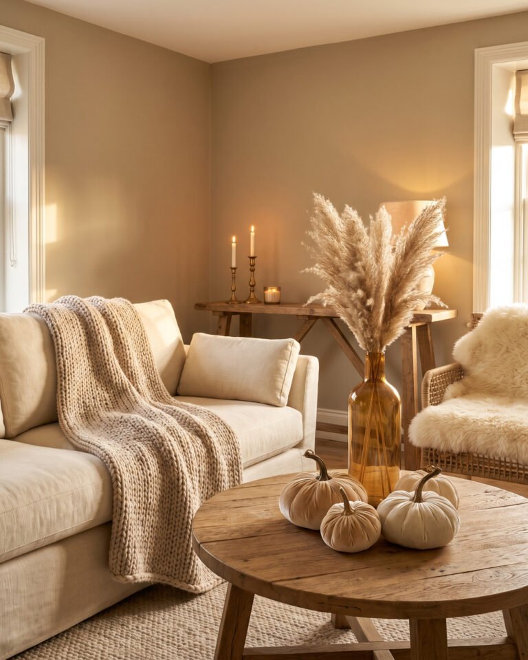 Warm neutral fall 2026 living room with a cream sofa, chunky knit throw, champagne velvet pumpkins, dried pampas in amber glass and lit brass candlesticks.