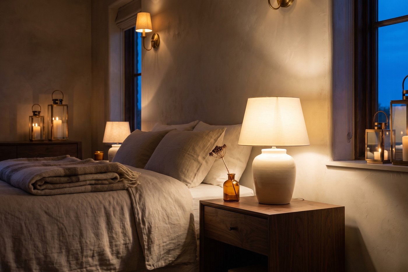 Bedside at night with a ceramic lamp glowing warm, a linen-covered bed, a wool throw and a small amber vase with a dried stem on a walnut nightstand.