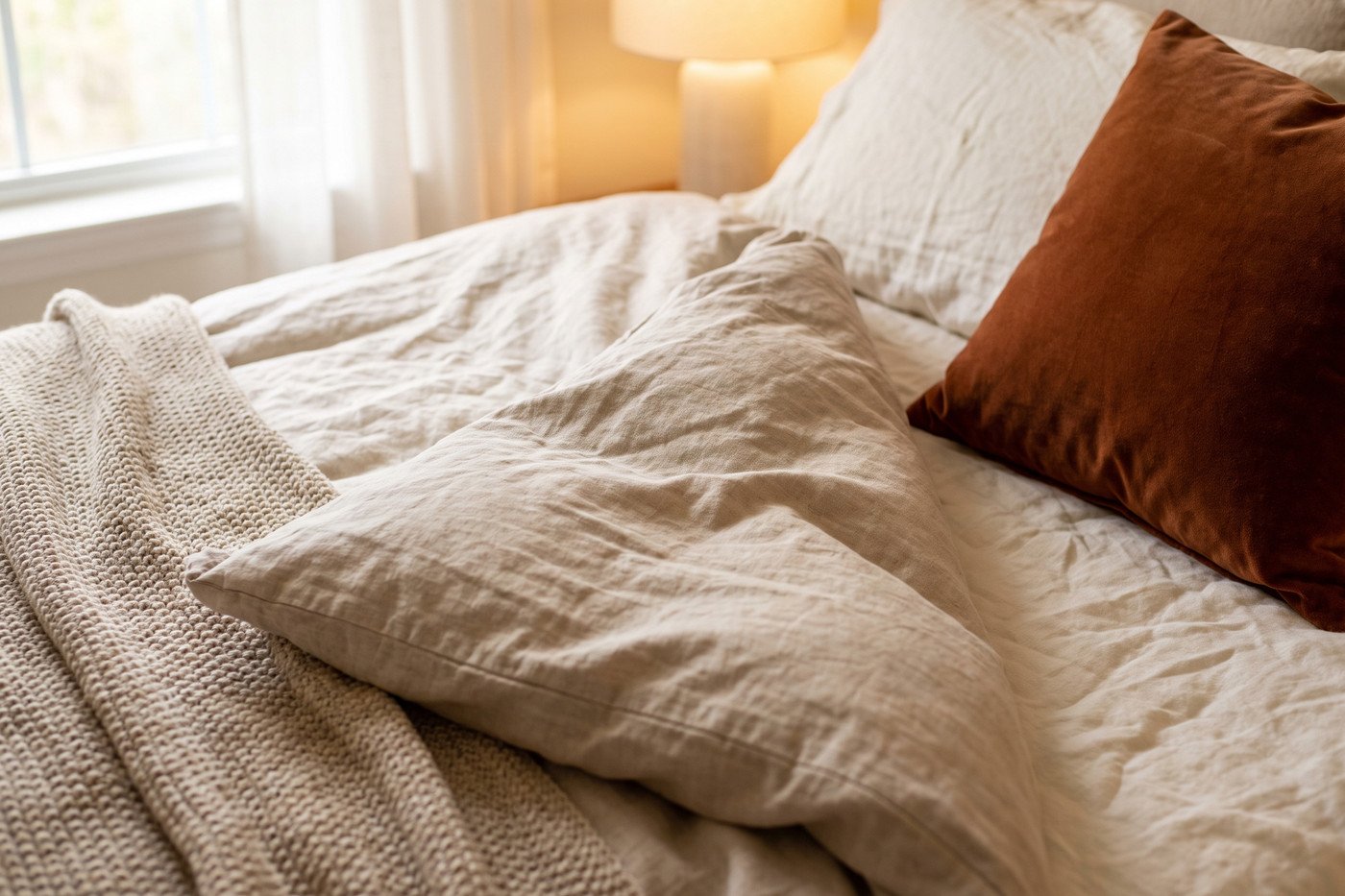 Close detail of layered fall bedding: crumpled ivory linen sheets, an oatmeal duvet folded back, a chunky knit throw and a velvet pillow in deep rust.