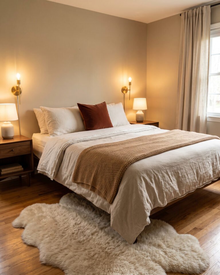 Fall bedroom with an ivory washed-linen bed layered with an oatmeal duvet, a chunky camel knit throw folded at the foot, a rust velvet pillow, brass sconces glowing over walnut nightstands and a sheepskin on the floor.