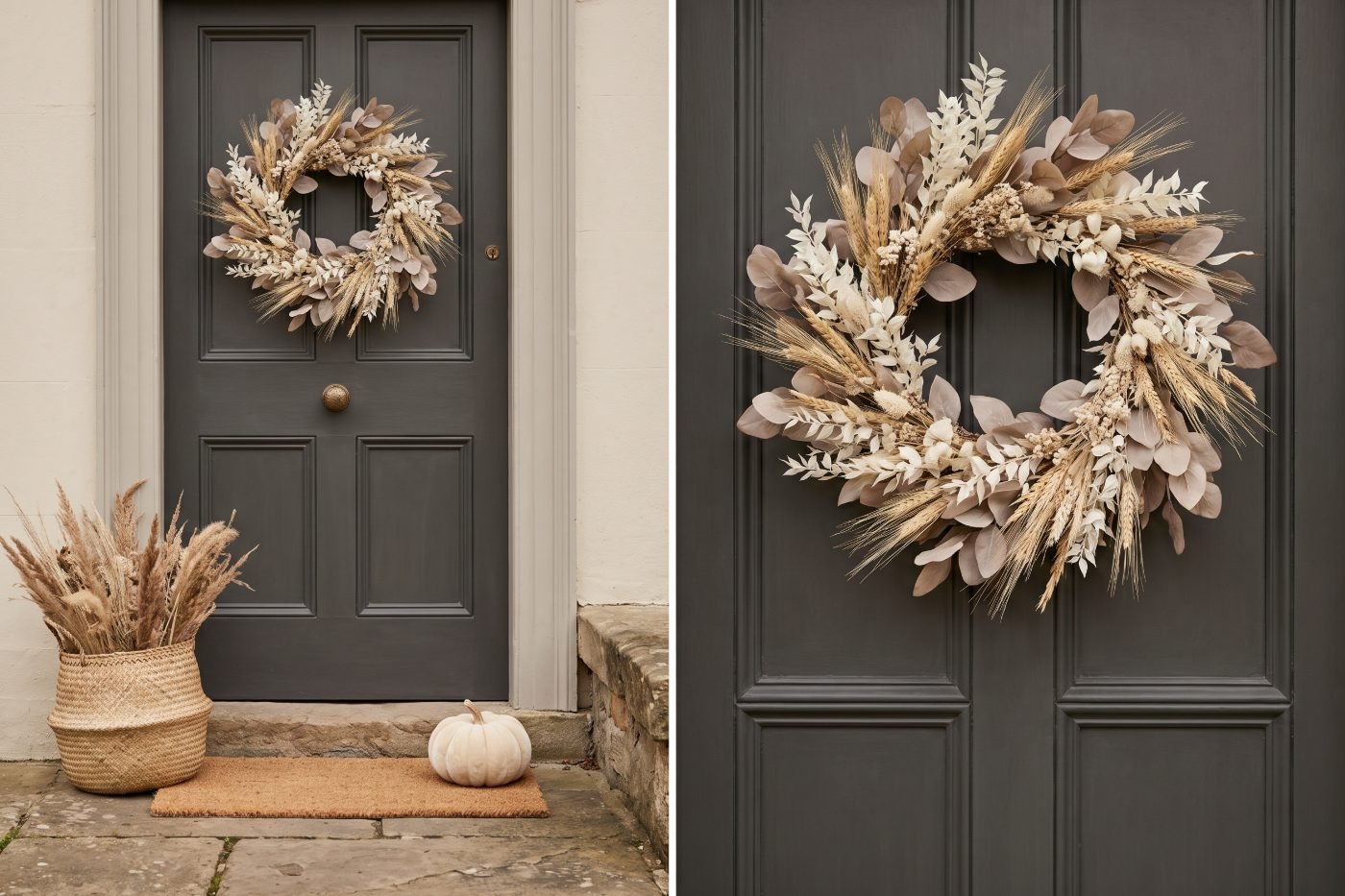 Preserved dried wheat and bleached botanical wreath on a charcoal panelled front door.