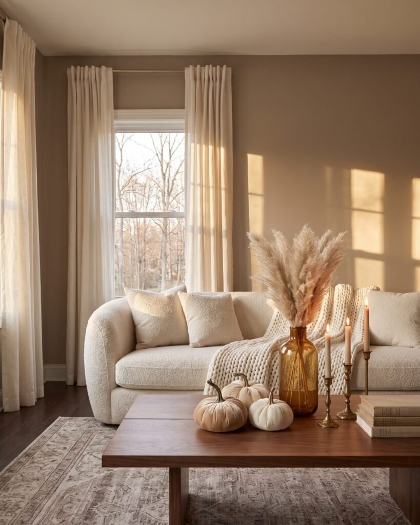 Warm neutral autumn living room with cream sofa, champagne velvet pumpkins, dried pampas in amber glass and lit brass candlesticks.