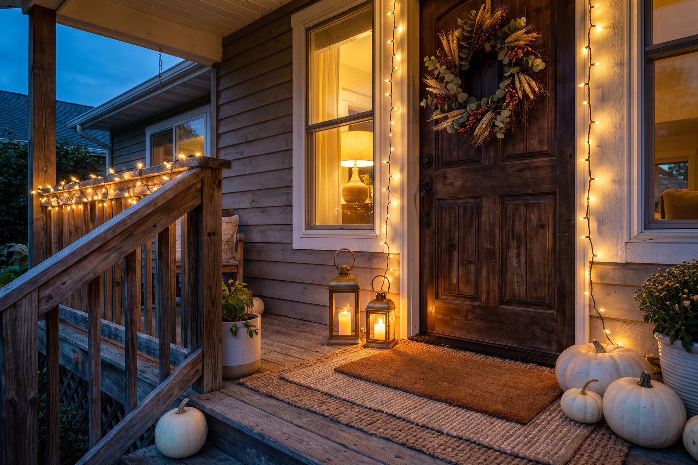 Front door at dusk with a dried wreath, warm string lights along the railing and lanterns glowing on a layered doormat.