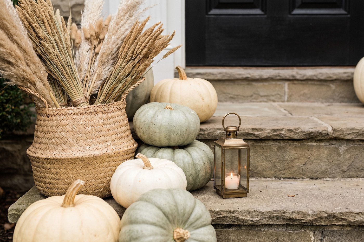 Cream, white and sage pumpkins clustered on stone porch steps beside a woven basket of dried grasses and a small brass lantern.