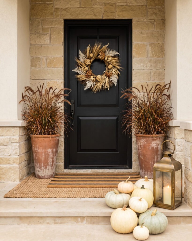 Fall front porch with a black door, two tall terracotta planters holding grasses, a preserved dried wreath, layered jute and striped doormats, cream and white pumpkins and a lit brass lantern.