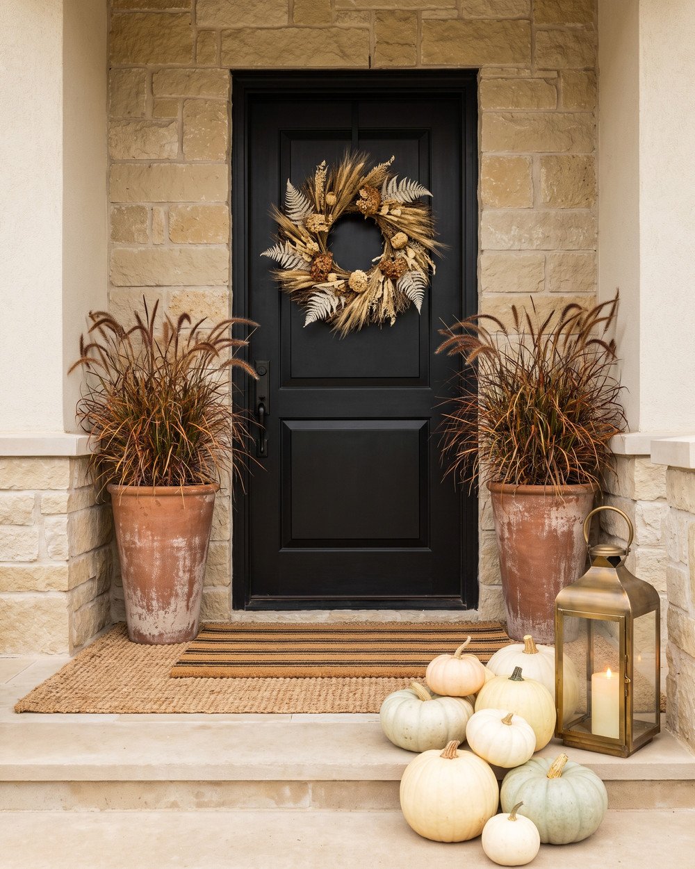 Fall front porch with a black door, two tall terracotta planters holding grasses, a preserved dried wreath, layered jute and striped doormats, cream and white pumpkins and a lit brass lantern.