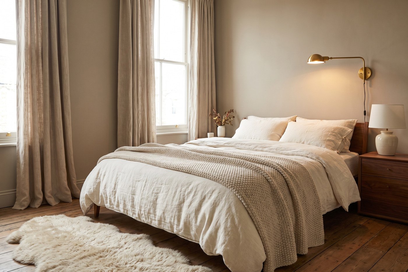 A layered bedroom in warm autumn tones