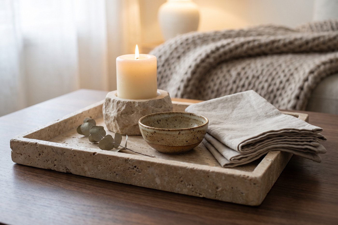 Close-up of a coffee table tray styled for fall with a lit candle, a small ceramic bowl, a sprig of dried eucalyptus and a stack of linen napkins.