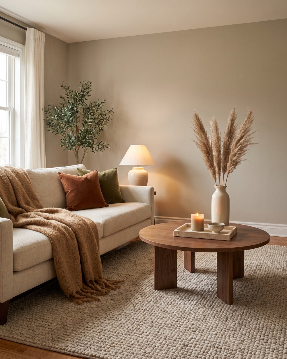 Warm living room mid fall refresh: a cream sofa layered with a camel wool throw and rust velvet pillows, a walnut coffee table with a stone tray, dried grasses in a ceramic vase and a lamp glowing against a putty wall.