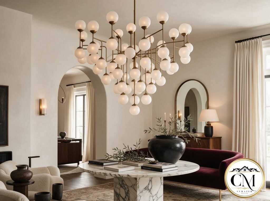 Modern sculptural brass and frosted glass chandelier over a burgundy velvet sofa, marble table and arched mirror.