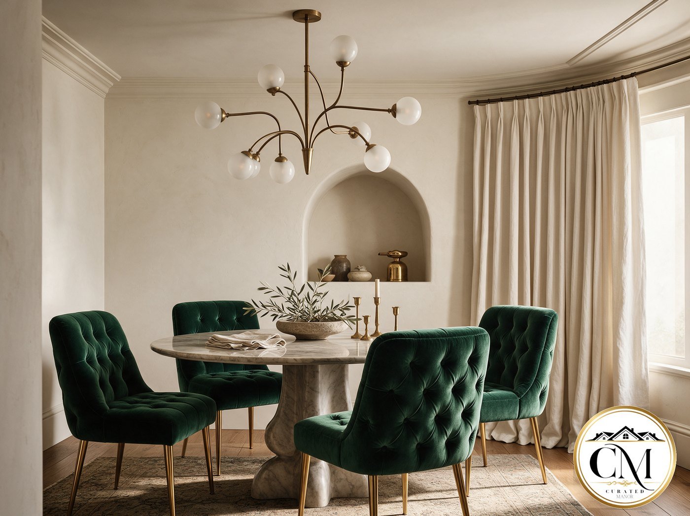 Dining room with emerald velvet chairs on gold legs, a marble table and a modern brass globe chandelier.