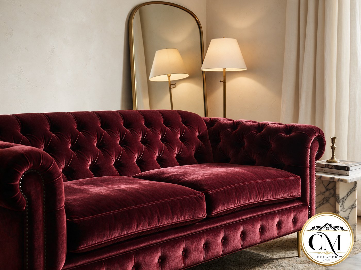Burgundy tufted velvet Chesterfield with slim gold legs beside an arched brass floor mirror.