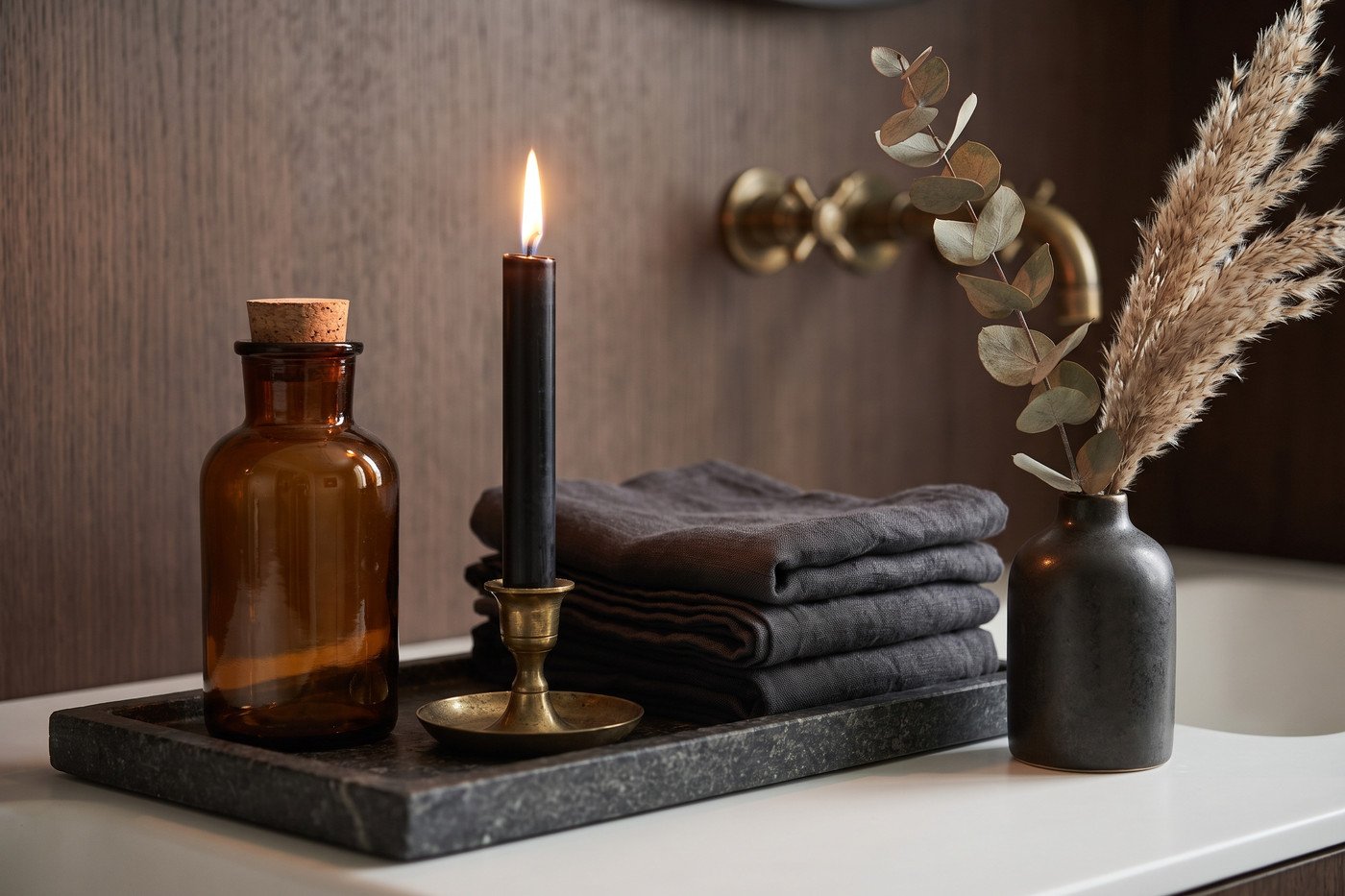 Close view of a bathroom vanity with an amber glass apothecary bottle, a black taper candle in a brass holder, folded charcoal linen towels and dried stems in a small stoneware vase.