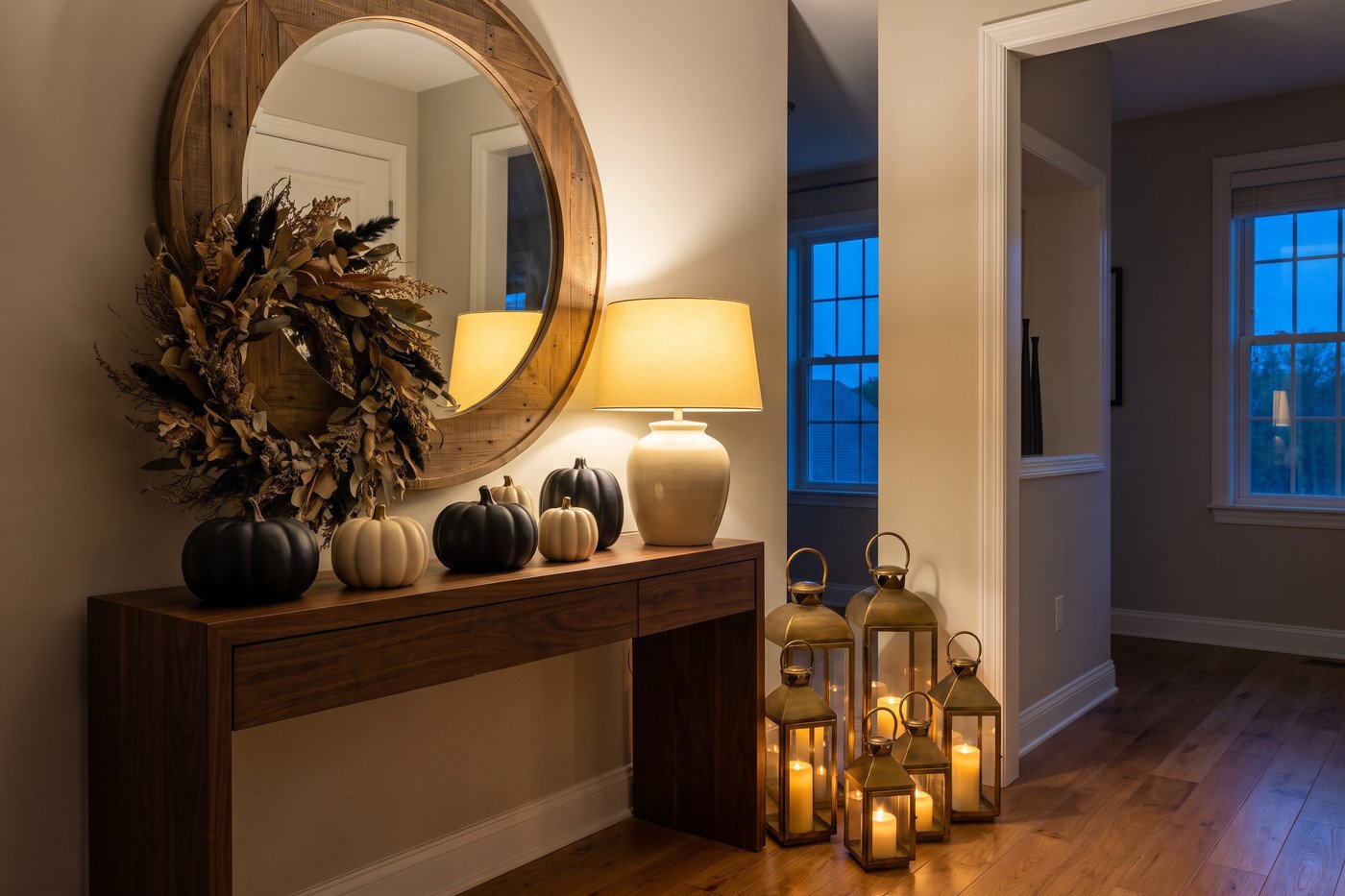 Entryway console at night with black and white pumpkins, a cluster of brass lanterns, a dried wreath propped against a round mirror and a warm ceramic lamp.