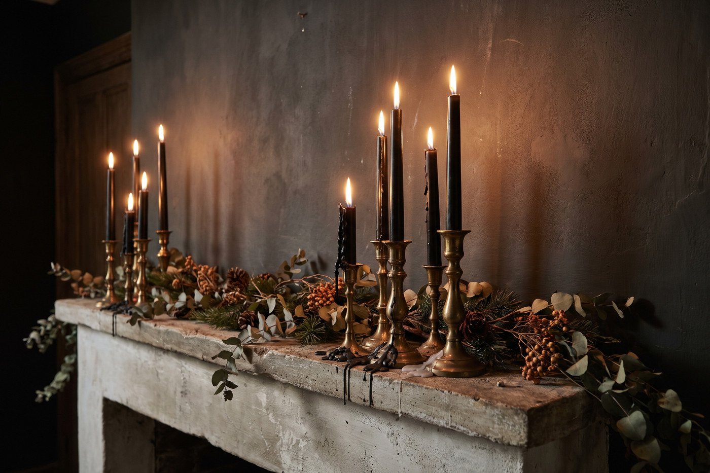 Close view of black taper candles burning at different heights in brass holders on a plaster mantel, with dripped wax and a trailing dried garland.