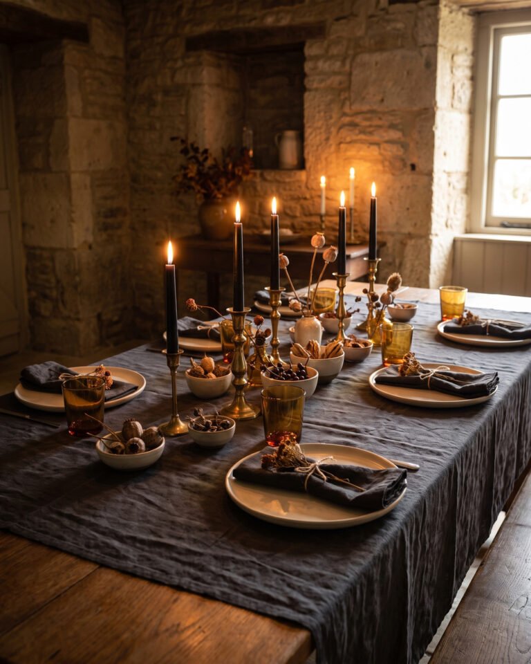 Halloween dinner table with a charcoal linen cloth, cream stoneware, dark linen napkins tied with twine, black tapers in brass holders down the centre and low bowls of dried stems.