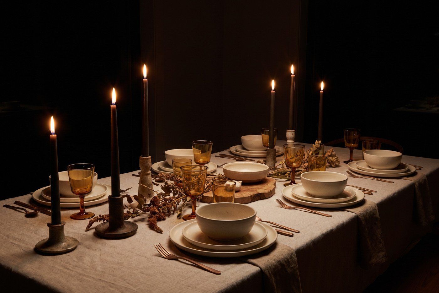The table at night with every taper lit, the room dark behind and warm light pooling on the stoneware and glassware.
