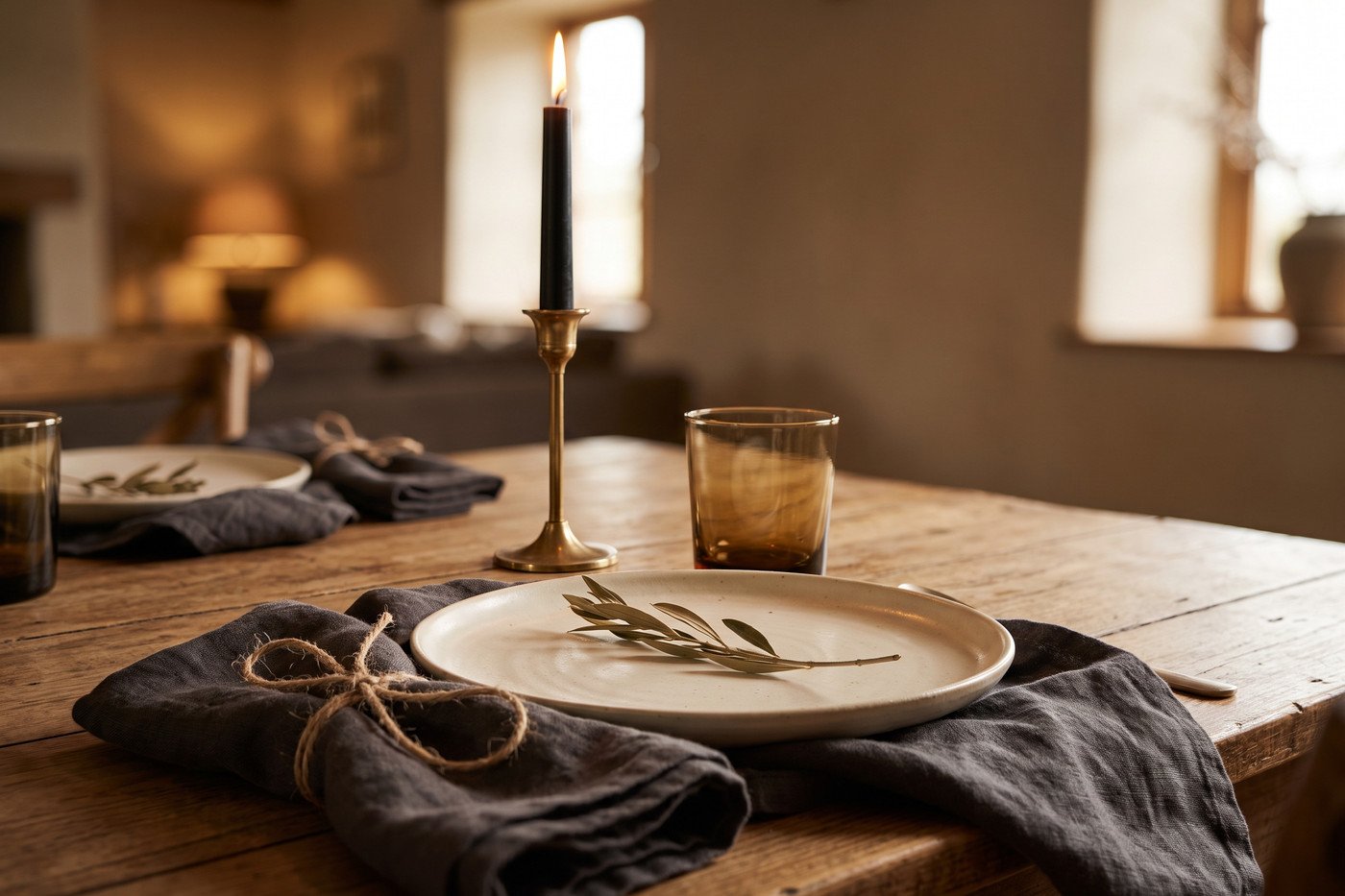 Close view of one place setting with a cream stoneware plate on a charcoal linen napkin, a small dried sprig laid across it and a brass candlestick behind.
