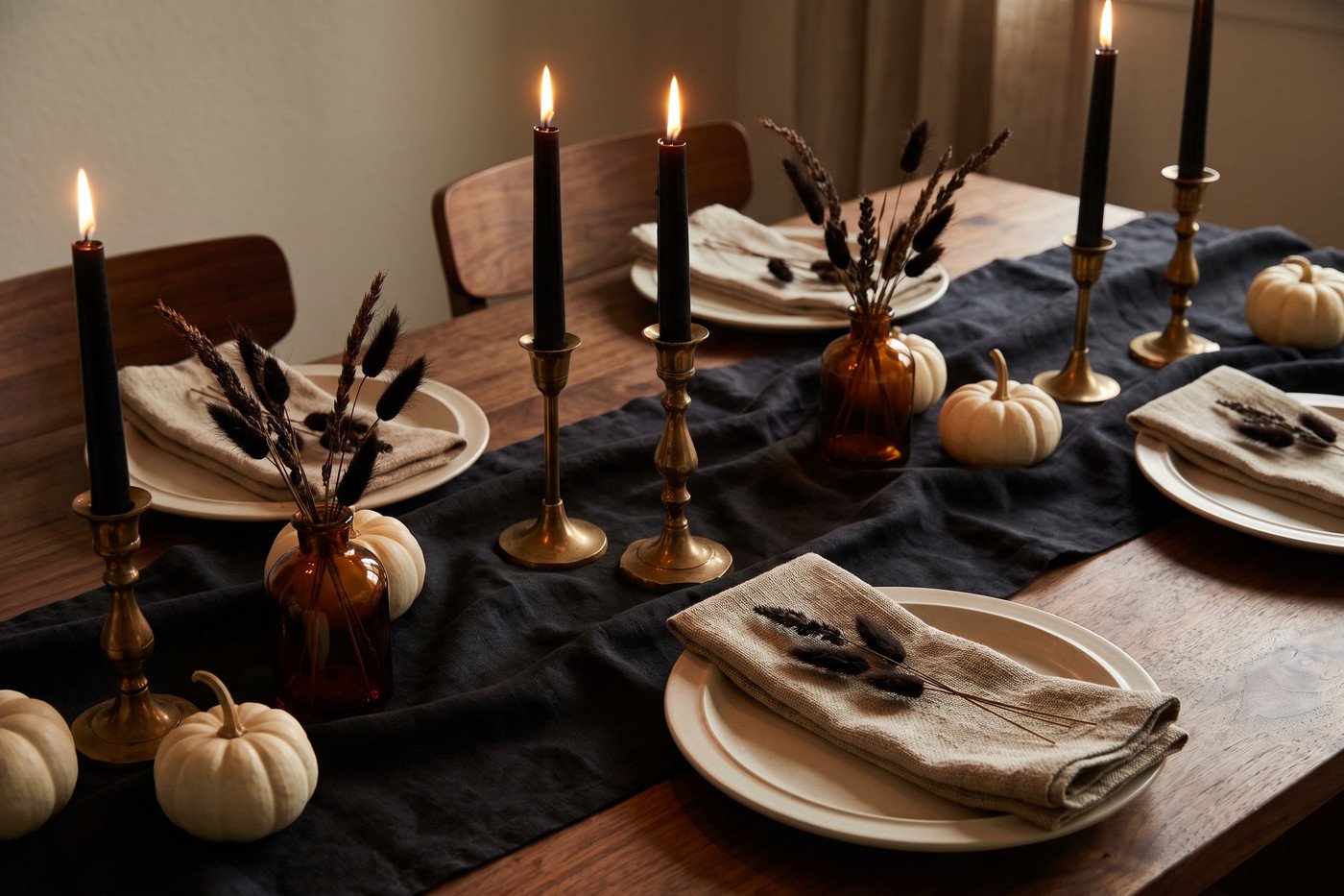 Moody Halloween dinner table with a black linen runner, brass candlesticks holding black tapers, cream stoneware, white pumpkins and dried grasses in amber glass.