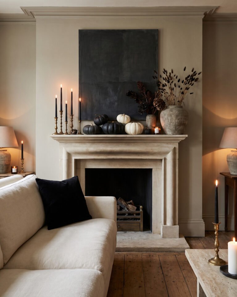 Elegant Halloween living room with a limestone mantel styled in black taper candles, white and black pumpkins, dried dark botanicals in a stone vase and a large moody abstract artwork, warm candlelight.
