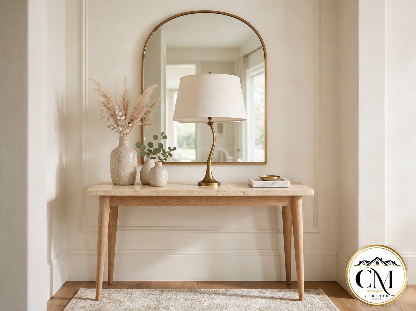 Entryway console with a travertine top, brass lamp, stone-look ceramic vases and an arched brass mirror above.