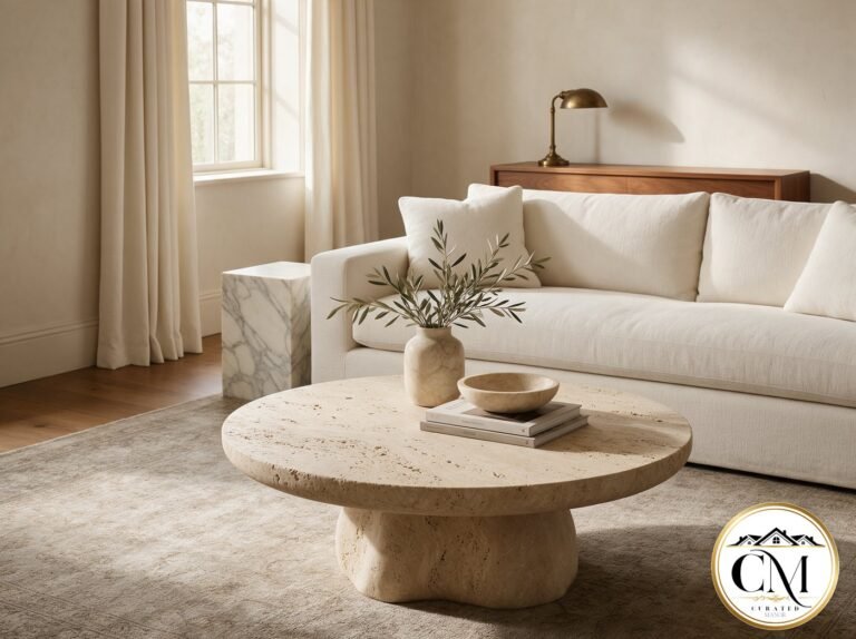 Living room built around stone, with a round travertine coffee table, cream linen sofa and a Calacatta marble side table.