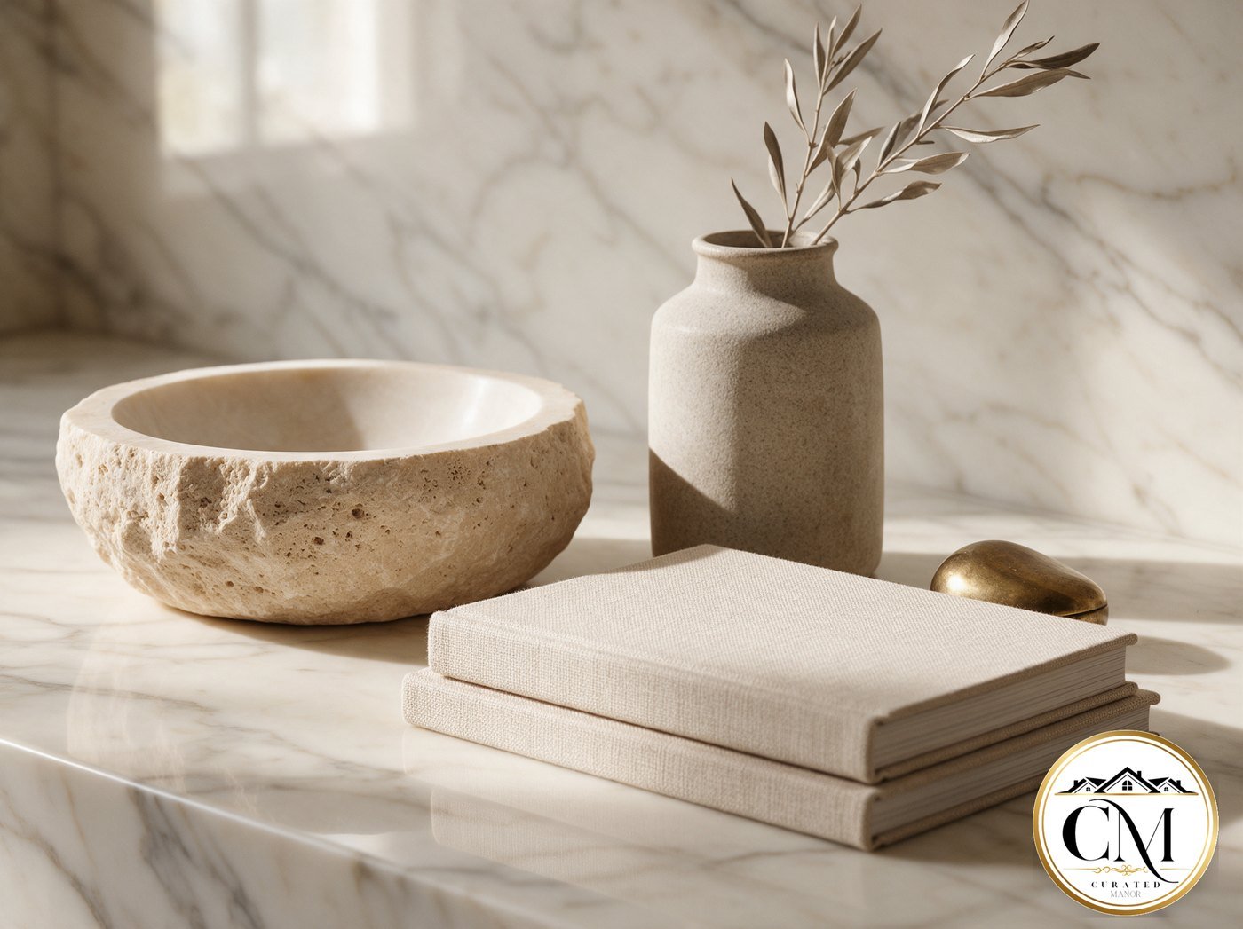 Still life on honed marble with a travertine bowl, stone-look ceramic vase, art books and an aged brass object.