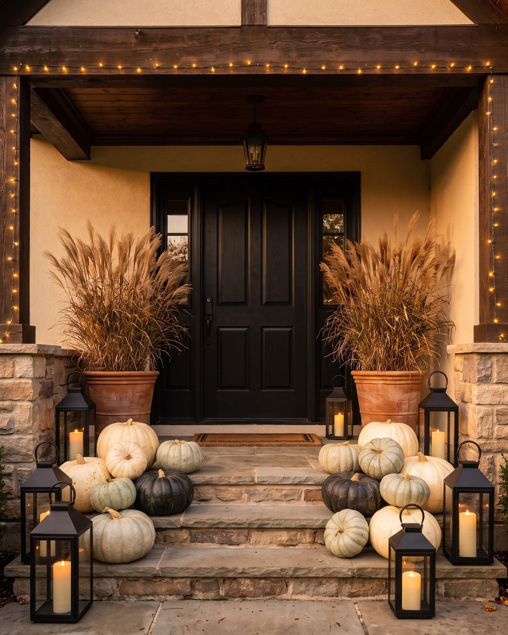 Elegant front porch at dusk with a black door, oversized white and pale green pumpkins massed on the steps, two large terracotta planters of dried grasses, black lanterns and warm string lights along the eave.