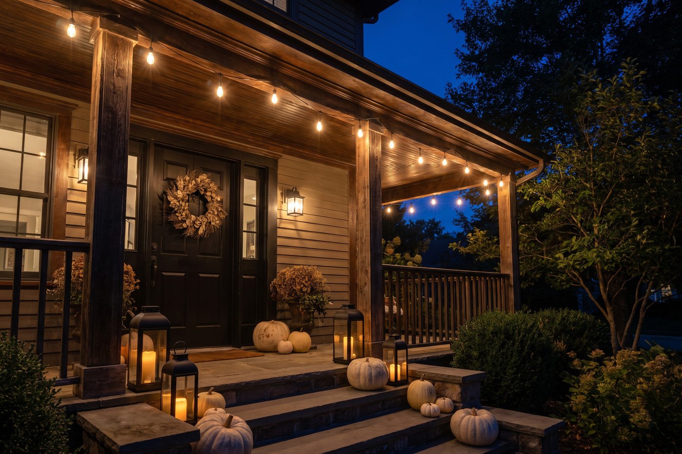 The same porch after dark with warm string lights glowing along the eave, lanterns lit low on the steps and a dried wreath on the black door.