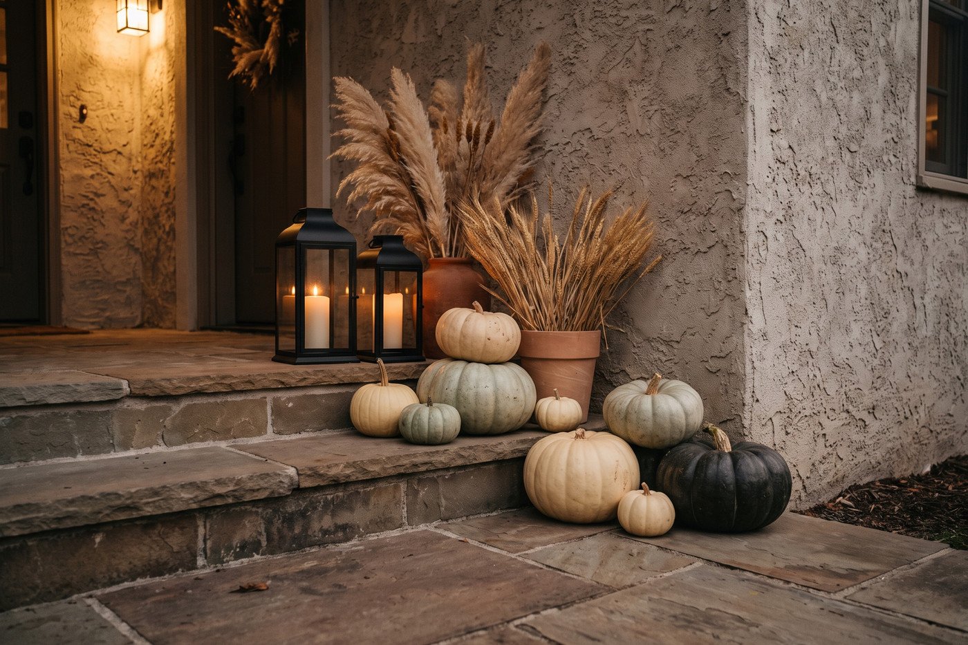 Close view of porch steps with pumpkins in cream, pale green and deep charcoal grouped in threes beside a black lantern holding a lit pillar candle.