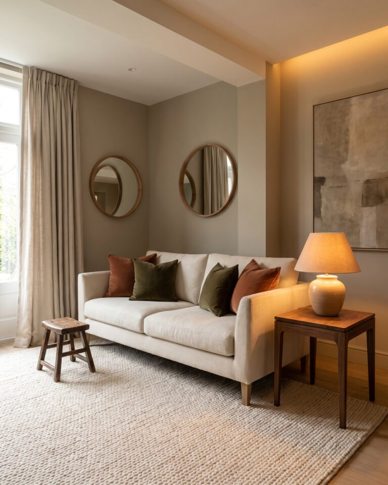 Warm collected living room replacing the all-grey look: cream sofa, walnut side table, wool rug, linen curtains, a vintage wooden stool and warm lamplight.