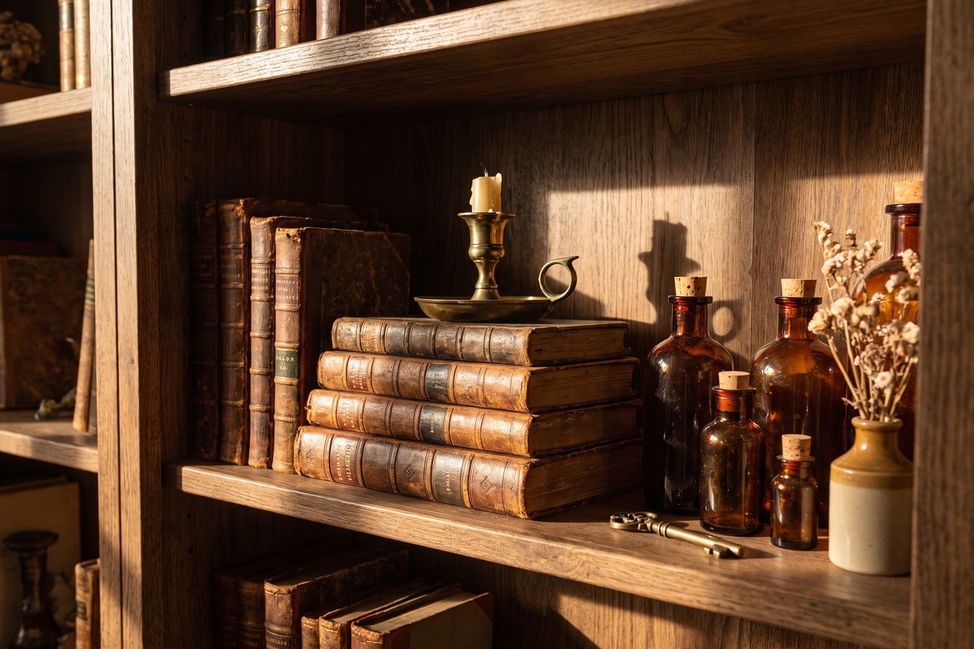 Close view of a shelf with stacked leather-bound books laid flat under a brass candlestick, amber bottles, dried stems and a small brass key resting on top.