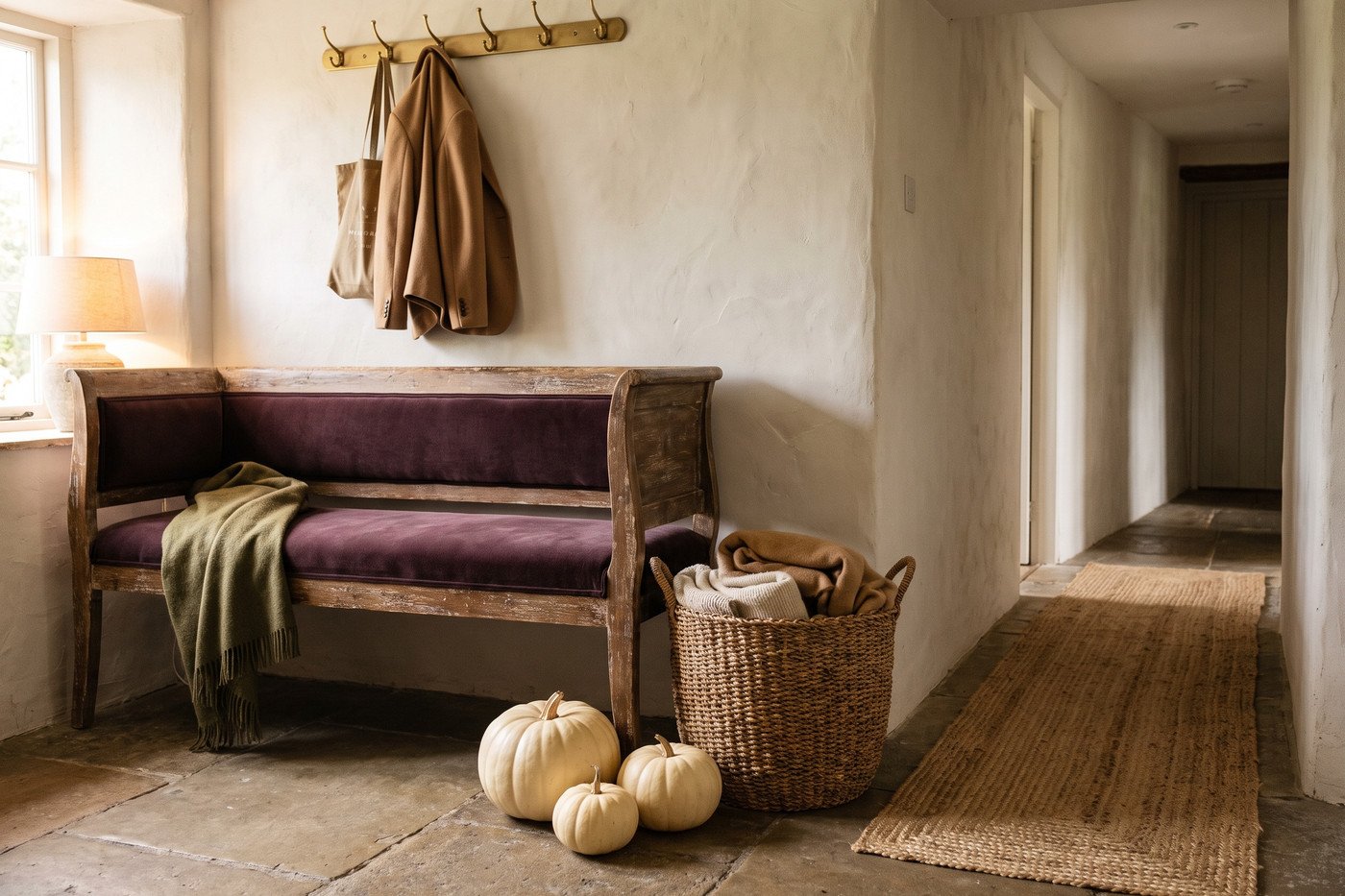 Entryway bench with a plum velvet cushion beside a large woven basket of folded wool throws, cream pumpkins on the floor and a long jute runner, limewashed walls behind.