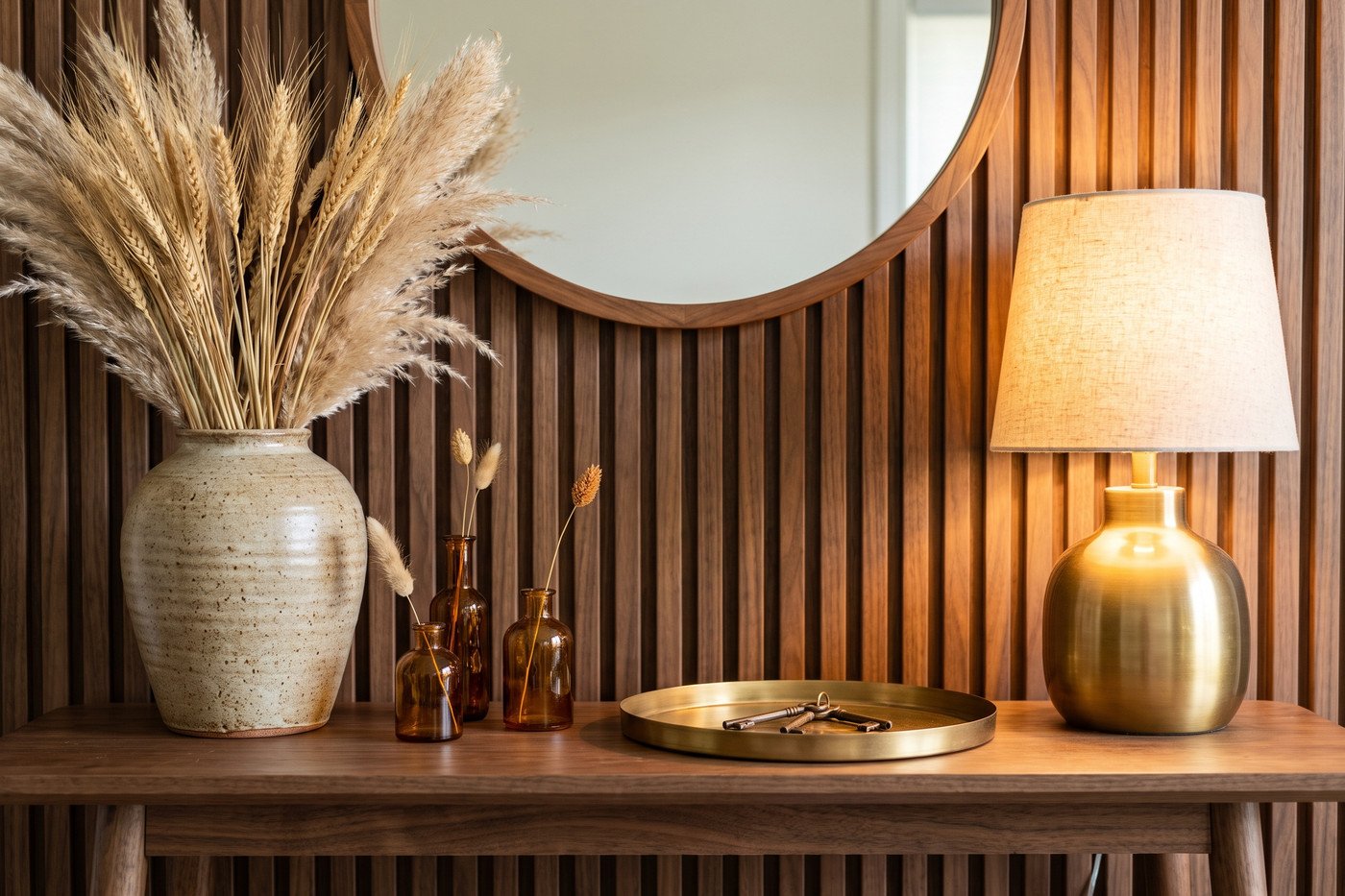 Close view of a walnut console styled for fall: a large ceramic vase of dried wheat, amber bud vases, a brass tray for keys and a glowing brass lamp against a fluted walnut panel.