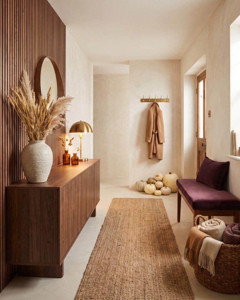 Fall entryway with a walnut console styled with a large ceramic vase of dried wheat, amber bud vases and a brass lamp, a round wood mirror, a long jute runner, a woven basket of throws and a plum velvet bench cushion, against limewashed walls with a fluted wood panel.