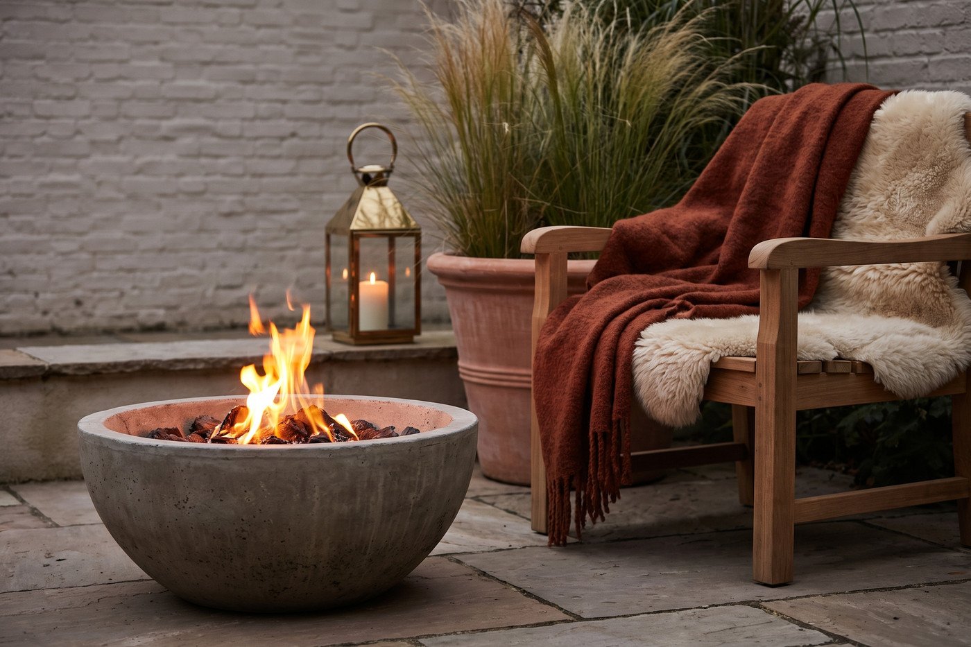 Close view of a concrete fire bowl burning on a stone patio beside a teak chair draped in a rust knit throw and a faux sheepskin, with grasses in terracotta behind.