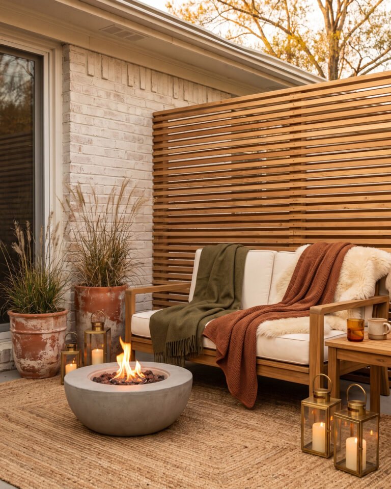 Fall patio at golden hour with a teak sofa layered in olive and rust wool throws, a lit concrete fire bowl, terracotta planters of ornamental grass and warm lanterns against a limewashed brick wall.