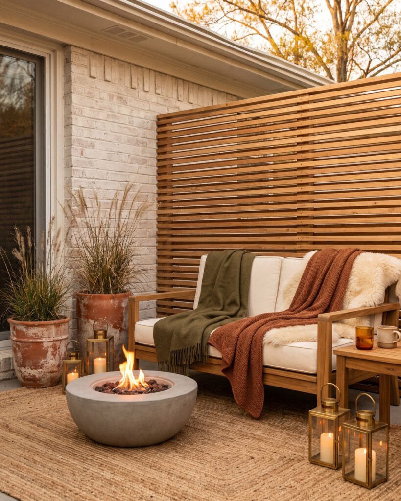 Fall patio at golden hour with a teak sofa layered in olive and rust wool throws, a lit concrete fire bowl, terracotta planters of ornamental grass and warm lanterns against a limewashed brick wall.