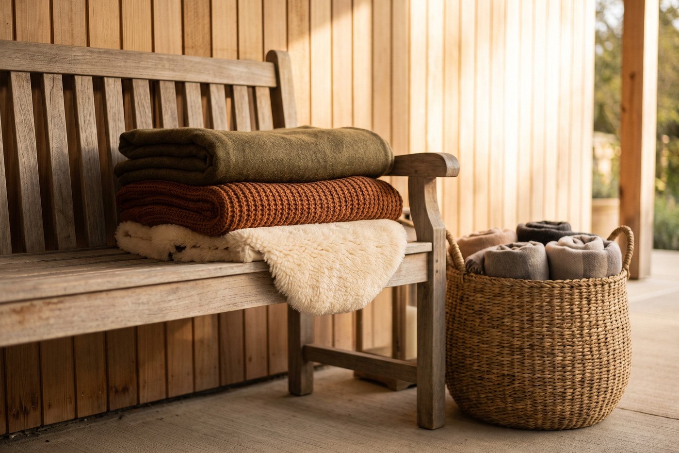 Stack of outdoor fall textiles on a teak bench: olive wool throw, rust knit blanket, faux sheepskin and a woven basket of extra blankets.