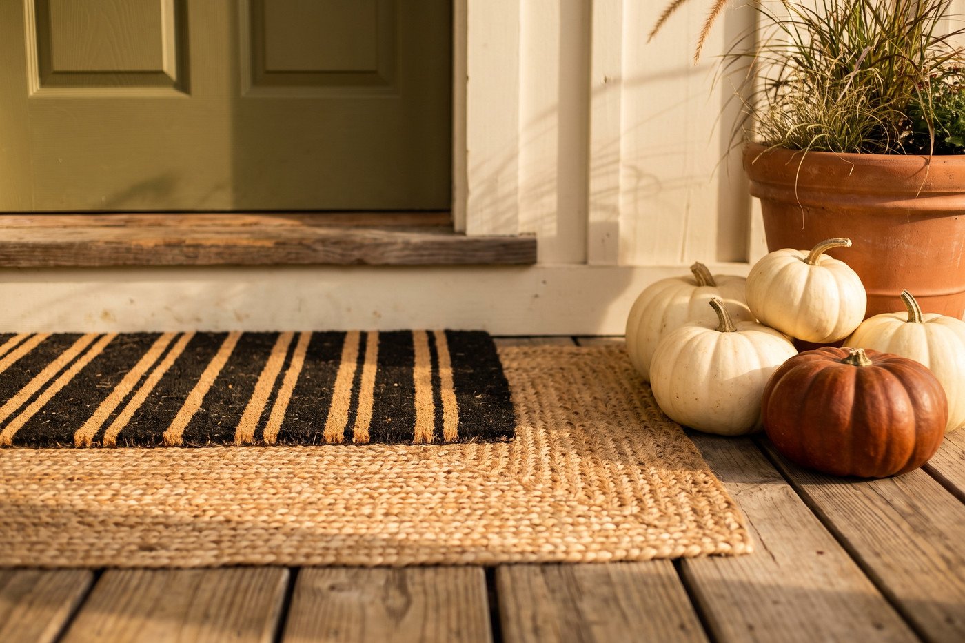 Close view of a layered doormat, a wide jute mat under a striped coir mat, beside cream and rust pumpkins and a terracotta planter on a porch.