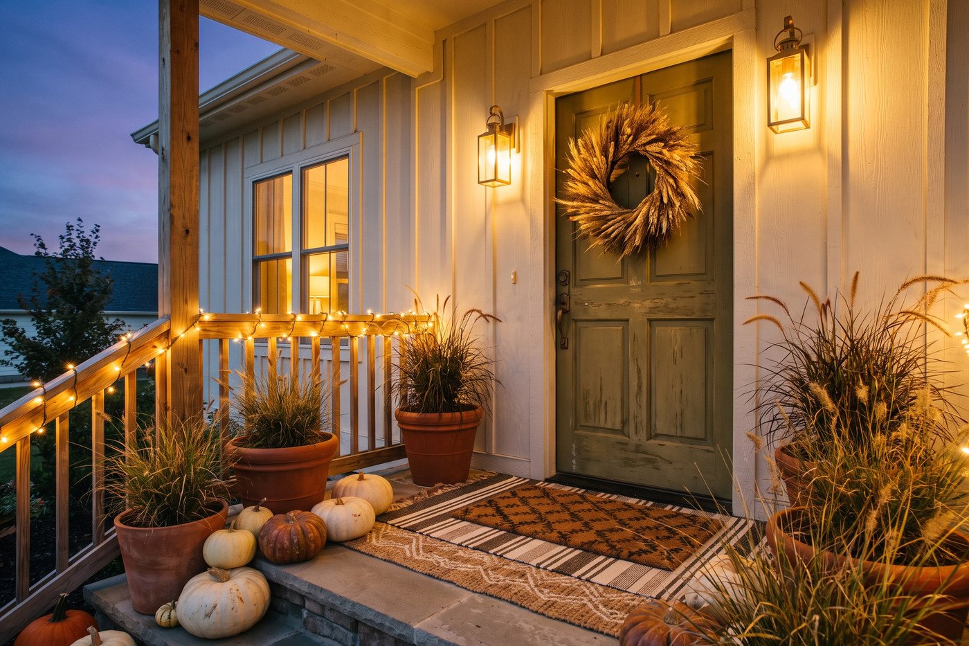 The fall porch at dusk, olive door lit by a brass lantern and warm string lights, grasses in terracotta and a dried wreath catching the light.