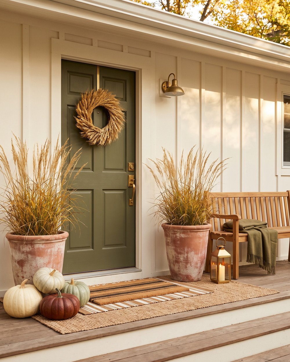 Fall front porch with a deep olive door, terracotta planters of grasses, a dried wheat wreath, cream and rust pumpkins, a layered doormat and a brass lantern against cream board-and-batten siding.